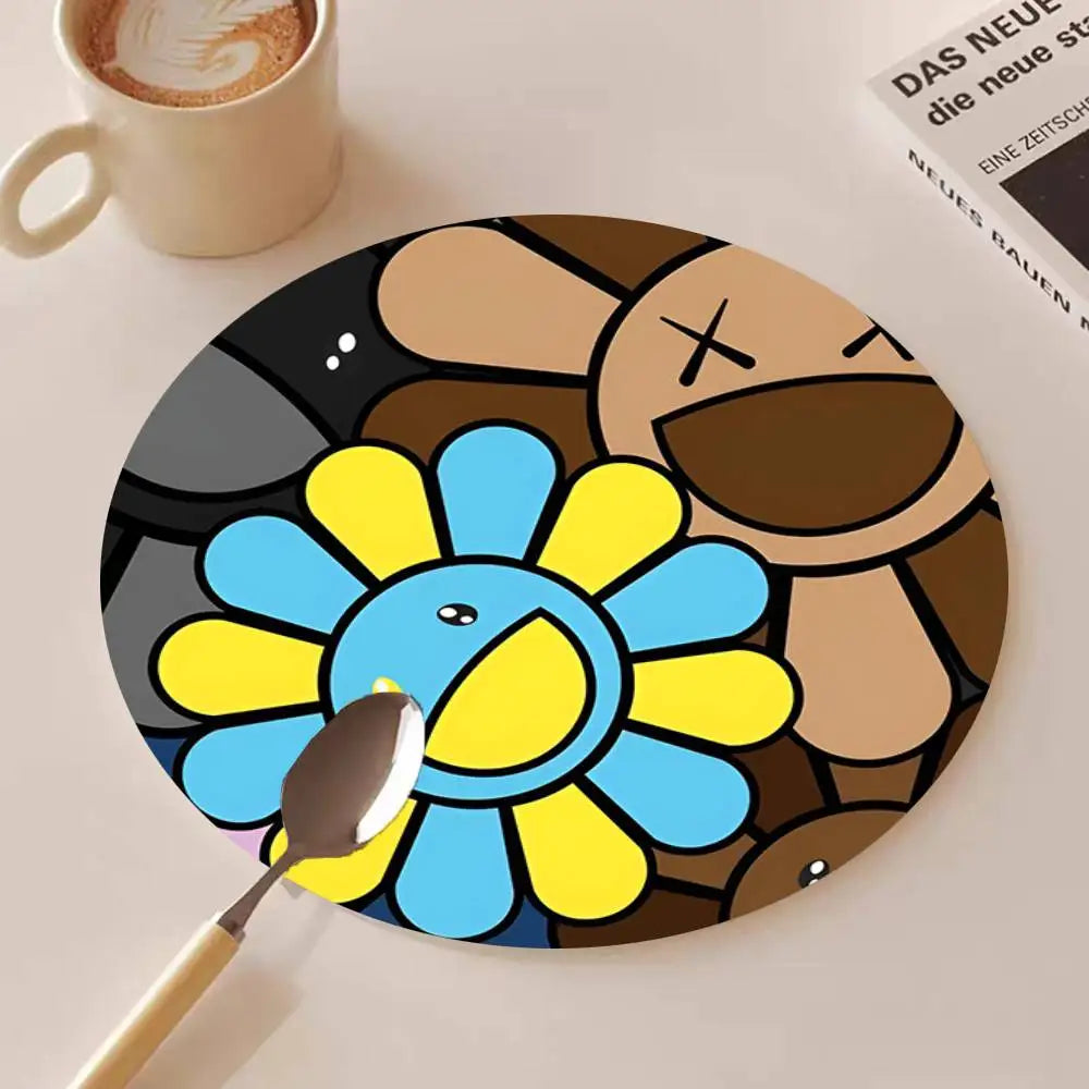 Cute T-Takashi Flowers M-Murakami Round Wooden Coasters Suitable For Restaurants And Coffee Home Gift Choice Holidays