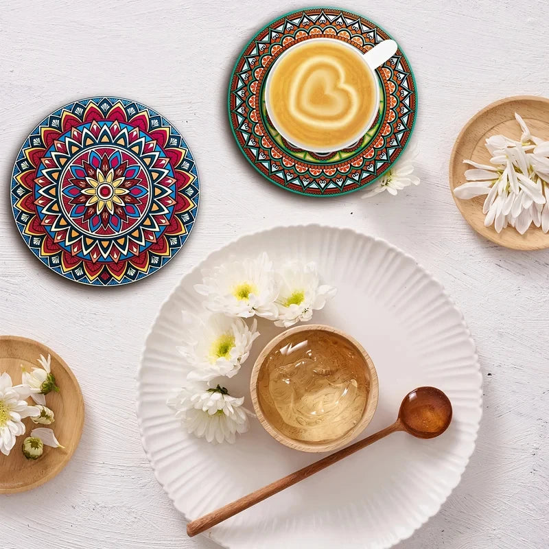 8Pcs Wooden Mandala Coasters, Heat Resistant Cup Mats for Home Bar Office Holiday Party Decoration