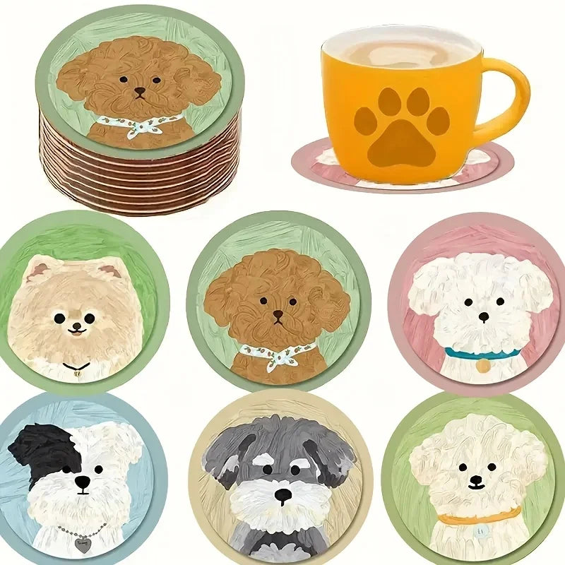 A Set of 6 Adorable Round Wooden Coasters Featuring Cute Puppy Designs, Perfect for Coffee Cups,Water Cups,And Party Decorations