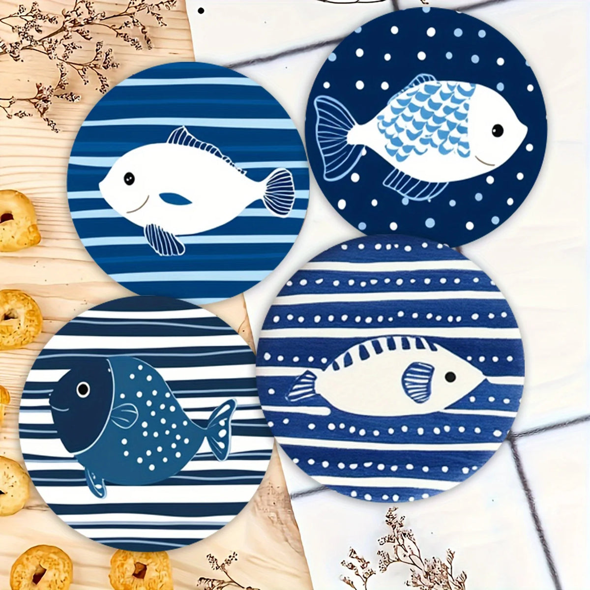 Blue Small Fish Ocean Theme 2D Wooden Coasters Heat Insulation Anti-Slip for Desktop Protection Ideal Coffee Shop Office Bar