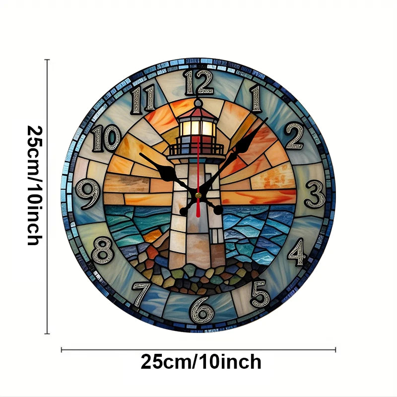 Color Glass Lighthouse Wooden Round Silent Hanging Wall Clock,Suitable For Living Room,Office,Study Room,Bedroom,Home Decoration