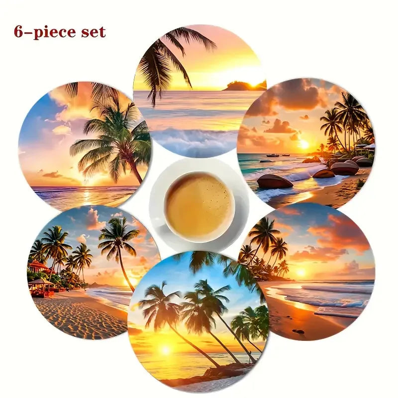 2D Summer Beach Scene Pattern Wooden Coaster Desktop Protection for Restaurants Bars Coffee Shops Tea Houses Offices Home Decor