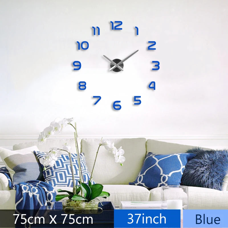 Fashion 3D Mediterranean Style Big Size Blue Wall Clock Mirror Sticker DIY Brief Living Room Decor Meeting Room Wall Clock