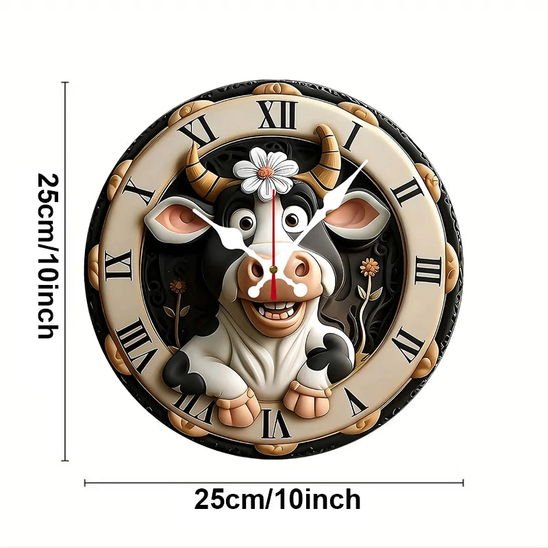Cow Pattern Wooden Round Silent Hanging Wall Clock, Suitable For Living Room, Office, Study Room, Bedroom, Home Decoration