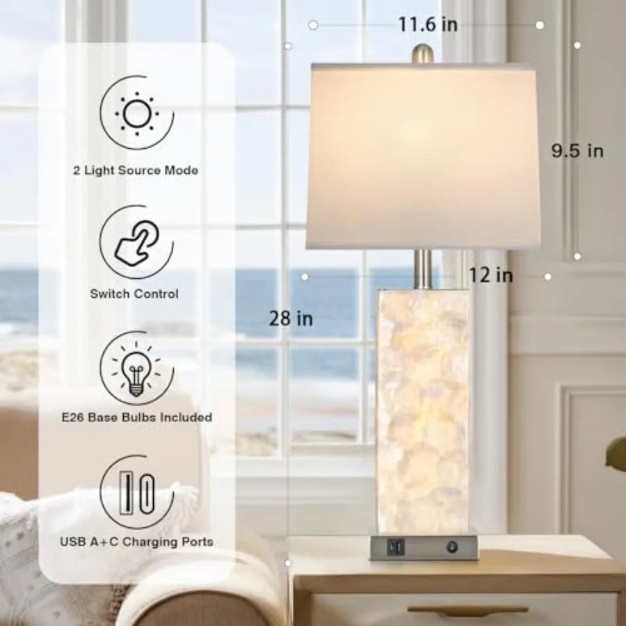 28" Coastal Table Lamps for Living Room, Bedside Lamps with Night Light, USB A+C Ports, Modern Sea Shell Bedside Night Stands L