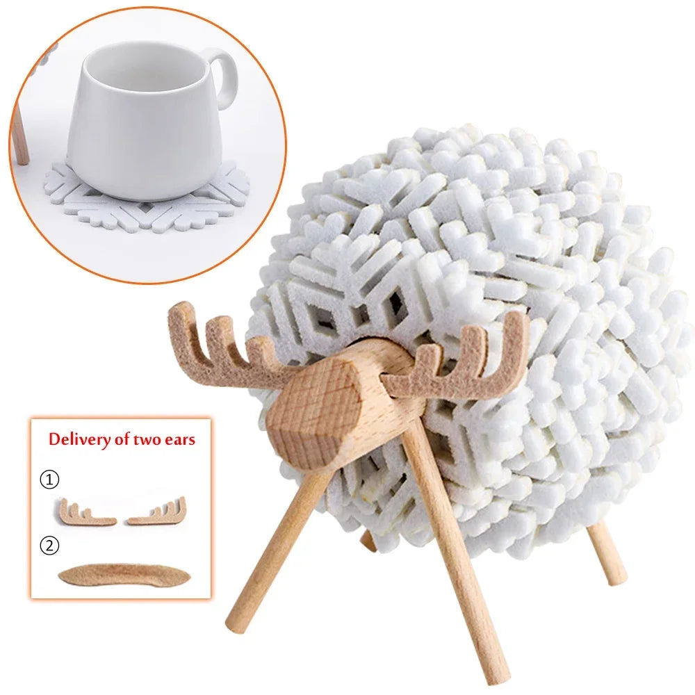 Elk Shape Drink Coasters Cup Pads Insulated Round Felt Cup Mats Creative Home Office Table Decoration Art Crafts Christmas Gift