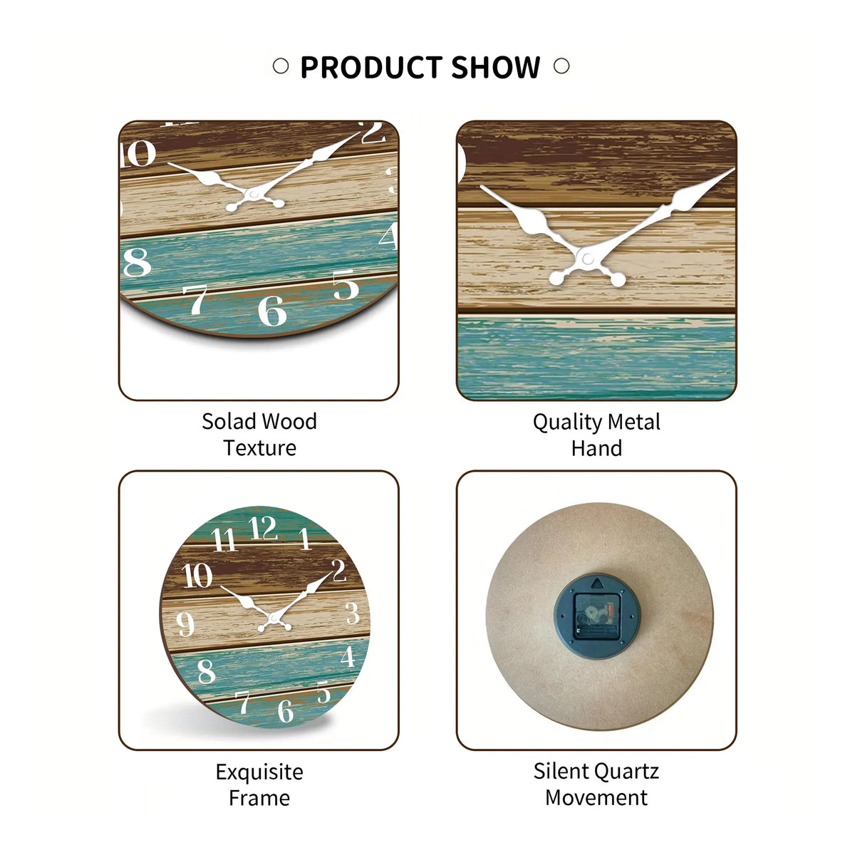 1pc Wooden veneer wall clock, retro blue and brown wood texture design wall clock, home mute clock, Coast Sea theme blue wall cl