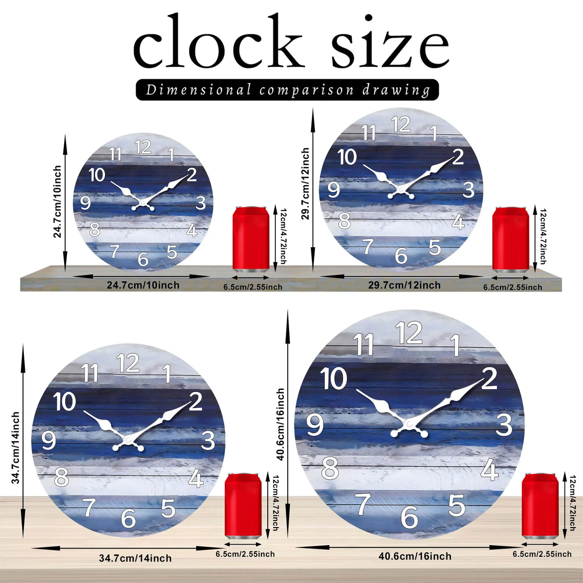 Rustic Beach Wooden Wall Clock - Do old vintage blue wood texture design wall clock, round mute clock, Coast Marine theme blue w