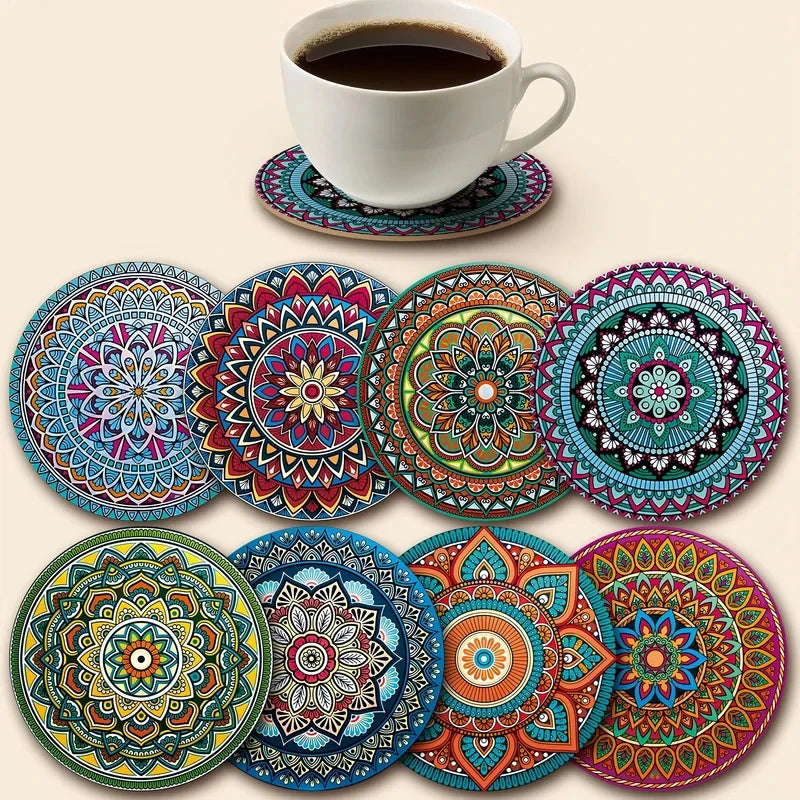 8Pcs Wooden Mandala Coasters, Heat Resistant Cup Mats for Home Bar Office Holiday Party Decoration
