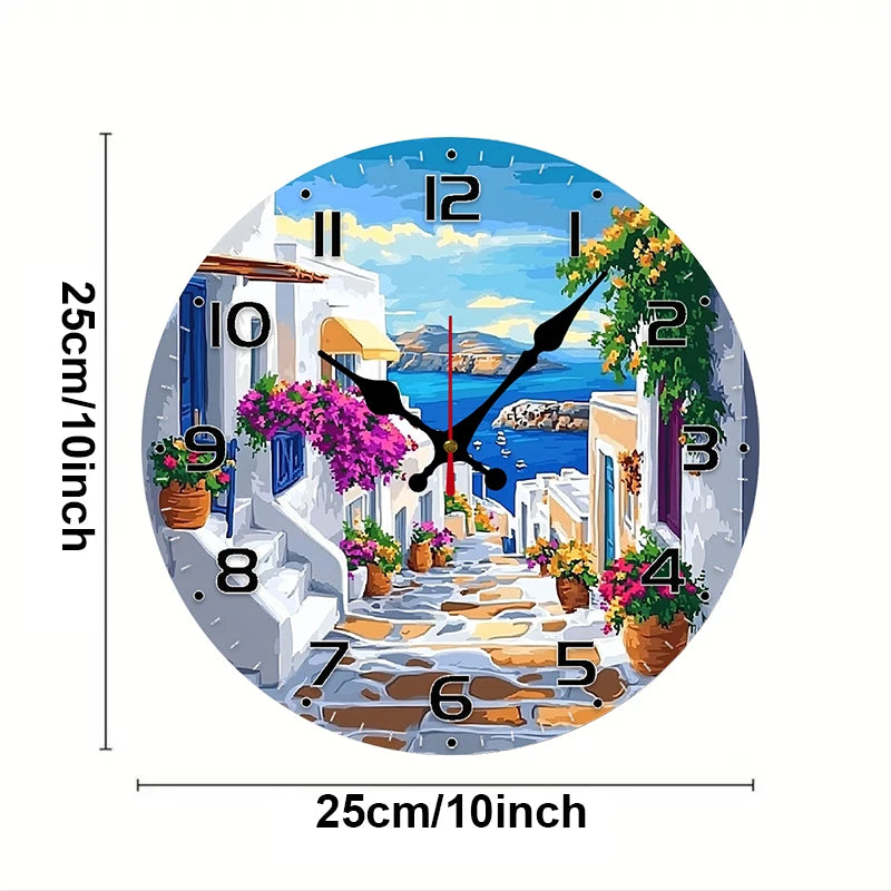 Mediterranean Street Wooden Round Silent Hanging Wall Clock, Suitable For Living Room,Office,Study Room,Bedroom, Home Decoration