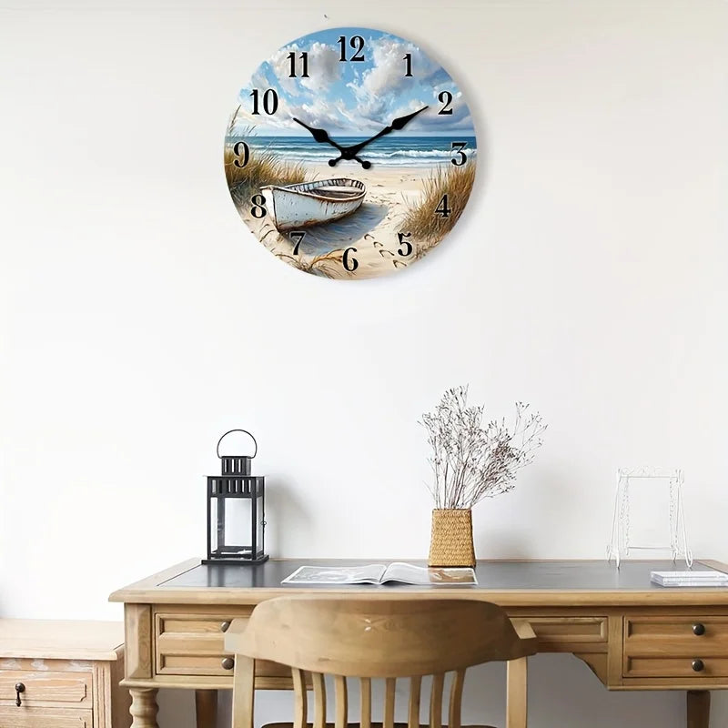 1pc Silent Non-Ticking Wall Clock - Wooden Round Nautical Beach Scene with Boat Design, Face for Readability, Suitable for Kitchen,,, Bedroom - 25.4cm/30.48cm/35.56cm/40.64cm (No Battery)