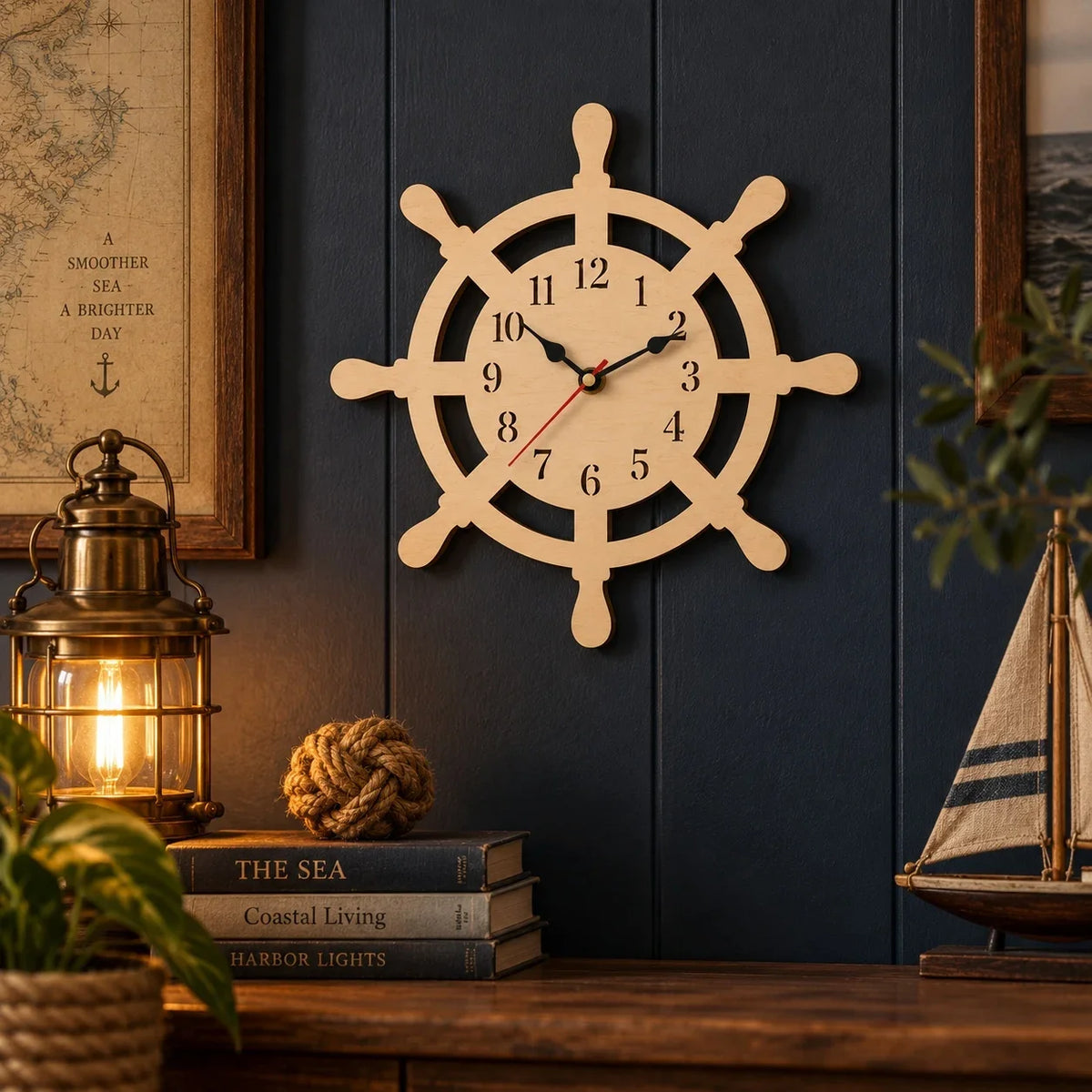 Wooden Ship Wheel Wall Clock, Wooden Clock, Maritime Beach House Wall Art, Rustic Sailing Decor, Seaside Living Room Clock