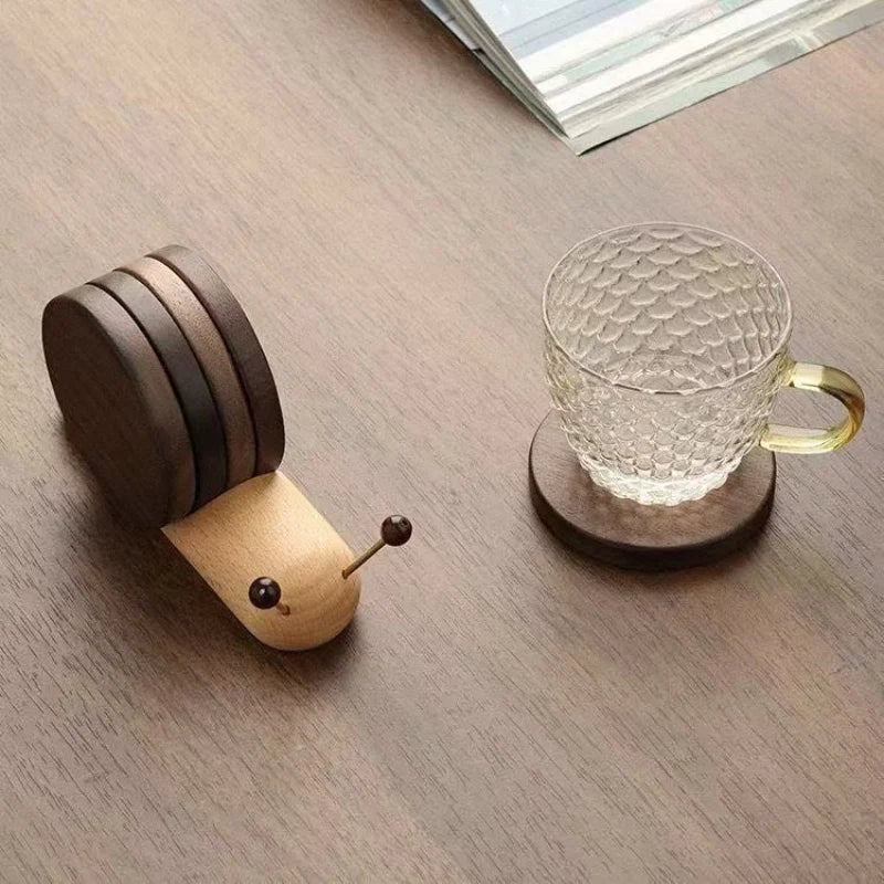 Wooden Coaster Set with Holder Snail Shaped Heat Resistant Drink Coasters for Coffee Tea Mugs Glasses Small Bowls Home Decor