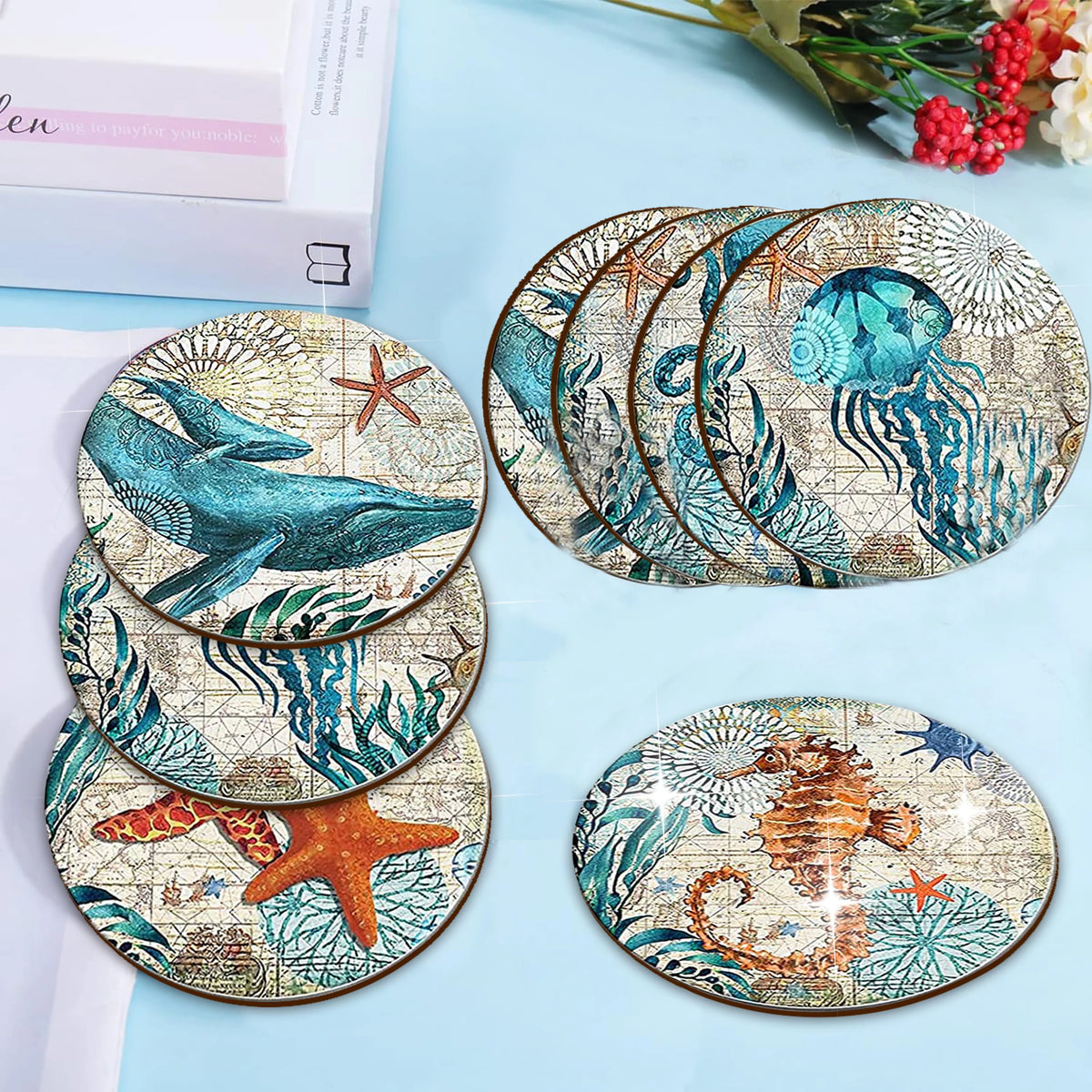 The 8-Piece Set of Anti-Slip Wooden Coasters for Marine Animals Is Suitable for Kitchens and Dining Rooms
