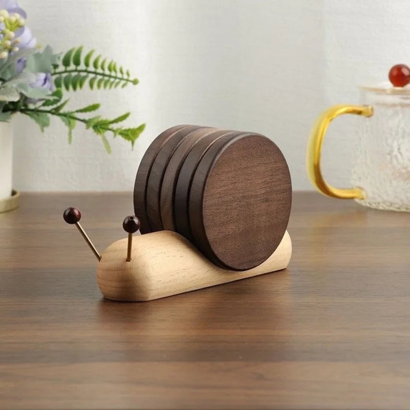 Wooden Coaster Set with Holder Snail Shaped Heat Resistant Drink Coasters for Coffee Tea Mugs Glasses Small Bowls Home Decor
