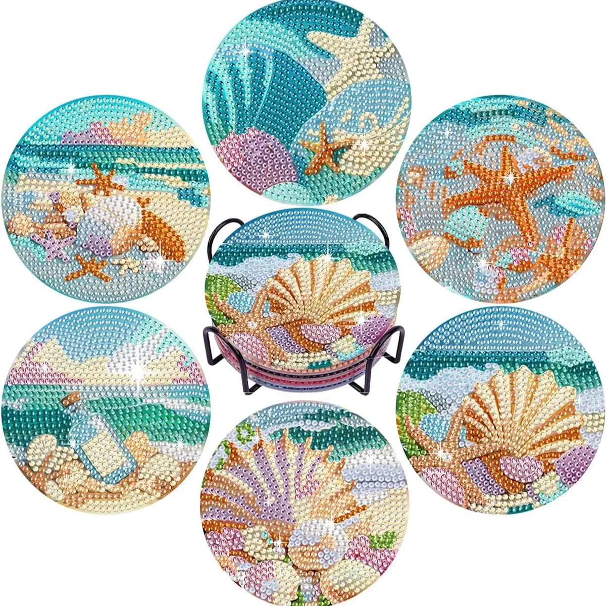 6 Pieces/Set of Beach Scenery Pattern Diamond Painted Wooden Coasters, DIY Creative Diamond Painted Coasters, Holiday Gifts