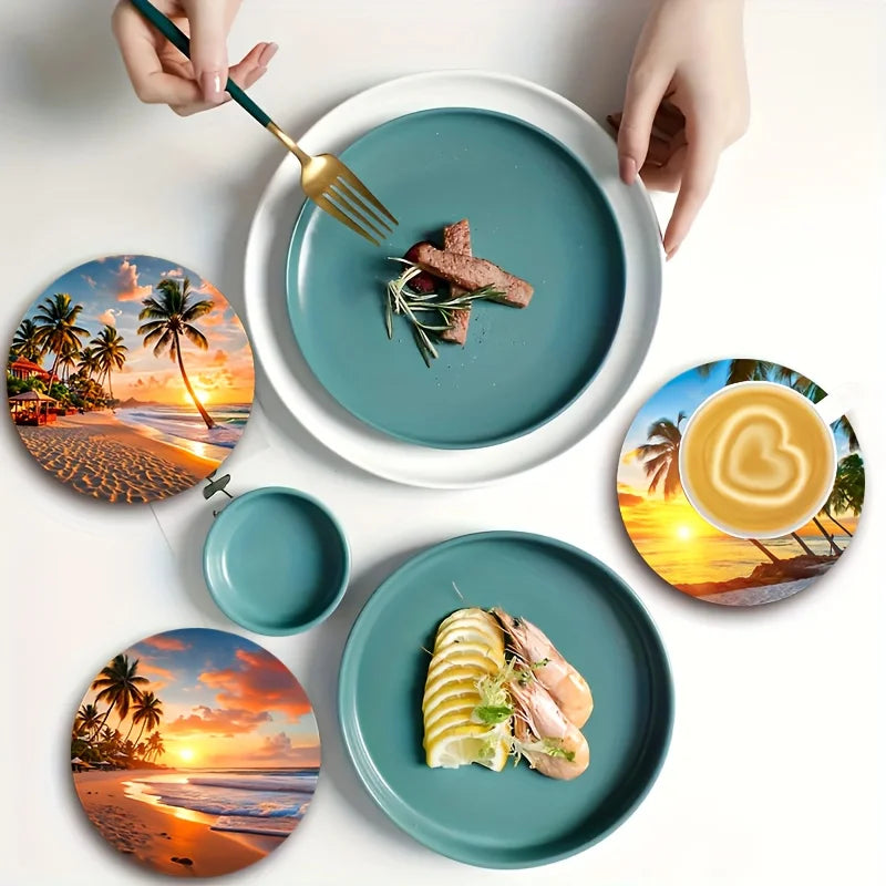 2D Summer Beach Scene Pattern Wooden Coaster Desktop Protection for Restaurants Bars Coffee Shops Tea Houses Offices Home Decor