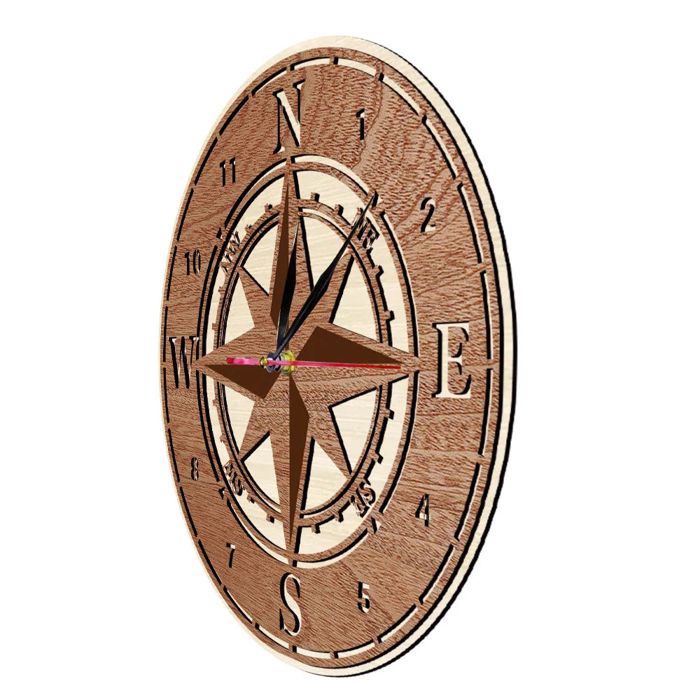 Compass Wind Rose Dual Layers Wooden Wall Clock For Living Room Nautical Navigation Home Decor Clock Marine Direction Wall Watch