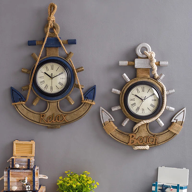 Mediterranean Style Wall Clock Retro Fiberboard Silent Anchor Wall Hanging Clock Watch Coffee Bar Home Clock Decoration