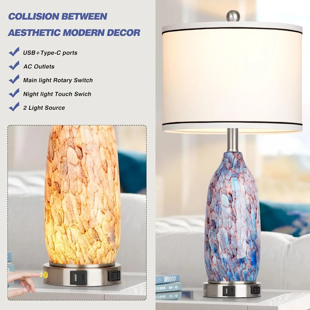 26" Coastal Glass Table Lamps Set of 2, Nautical USB A+C Ports, AC Outlet, 3-Way Dimmable Touch