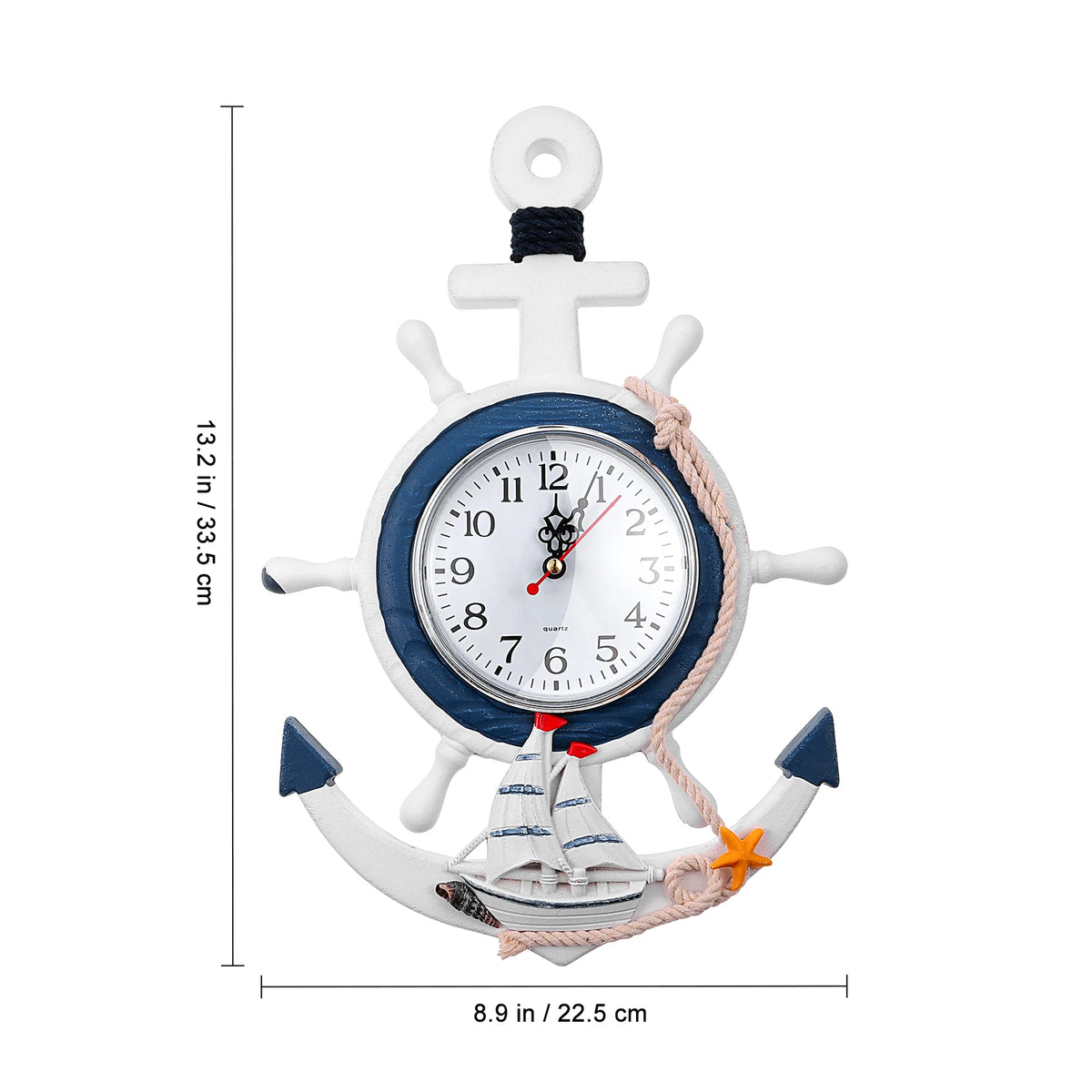 Rudder Anchor Wall Clock Mediterranean Decor Hanging Clock Seaside Nautical Wood Bedroom Waterproof AntiOxidation