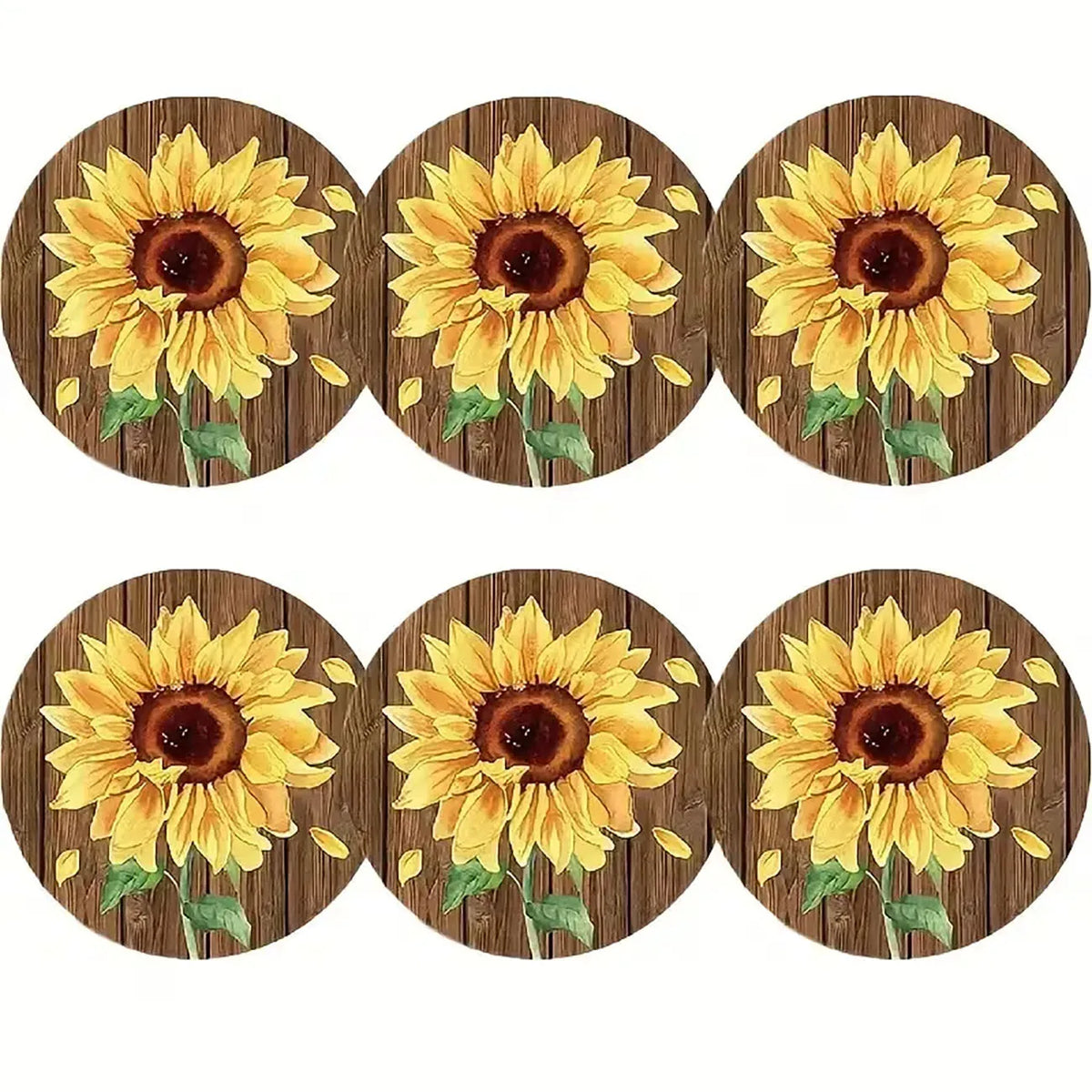 6Pcs Rustic Wood Sunflower Coaster Set, Heat-Resistant Non-slip Coasters for Table
