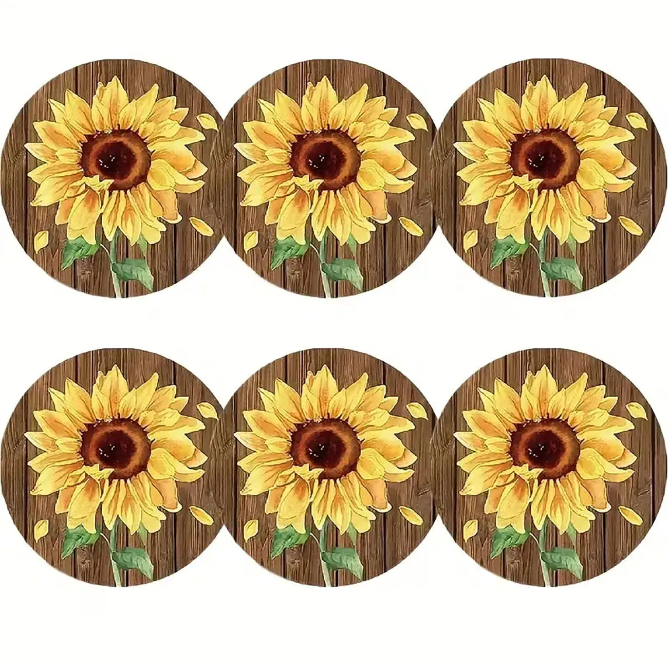 6Pcs Rustic Wood Sunflower Coaster Set, Heat-Resistant Non-slip Coasters for Table