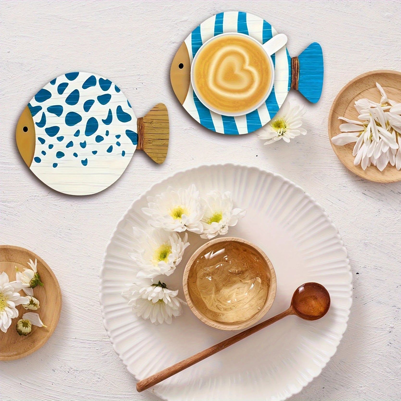 2D Flat 8pcs Whimsical Fish-Shaped Wooden Coasters Vibrant Blue & White Patterns, Heat-Resistant, Perfect for Coffee & Tea Lover