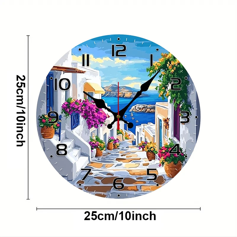 Mediterranean Street Wooden Round Silent Hanging Wall Clock, Suitable For Living Room,Office,Study Room,Bedroom, Home Decoration