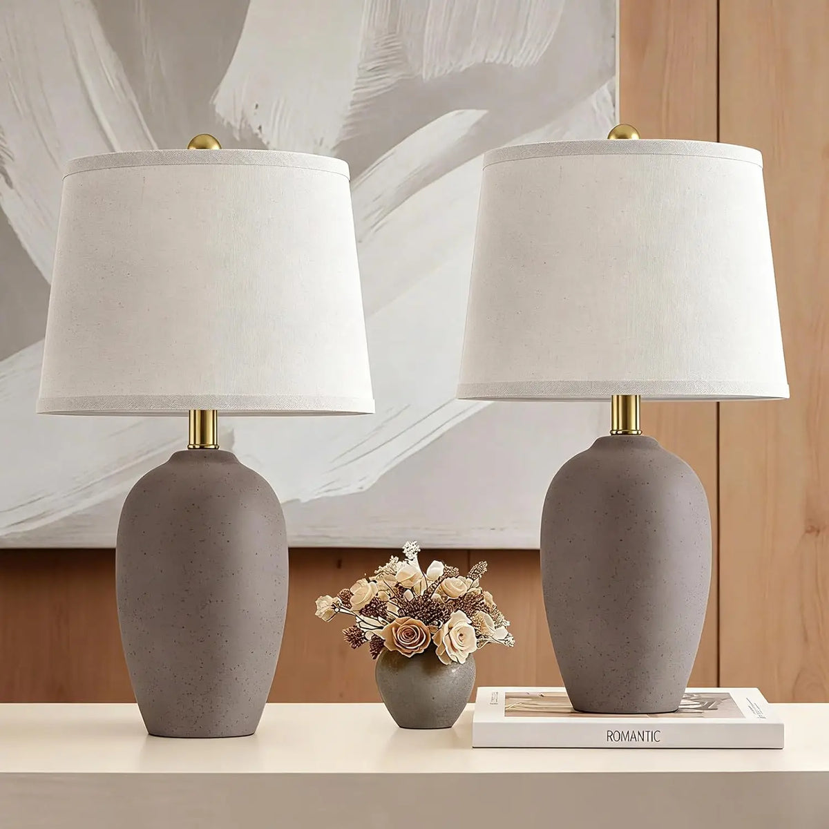 Set of 2 Farmhouse Ceramic Small Table Lamps for Living Room Bedroom with LED Bulbs