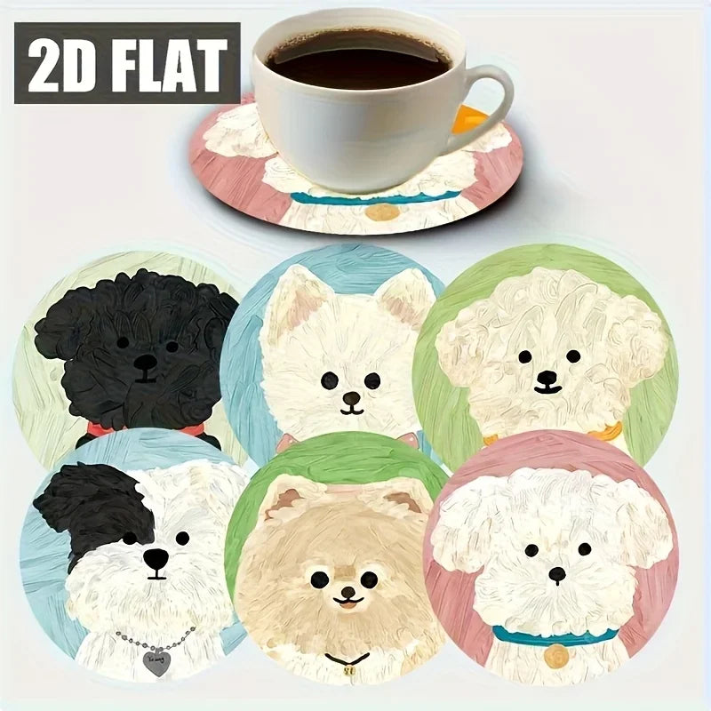 A Set of 6 Adorable Round Wooden Coasters Featuring Cute Puppy Designs, Perfect for Coffee Cups,Water Cups,And Party Decorations