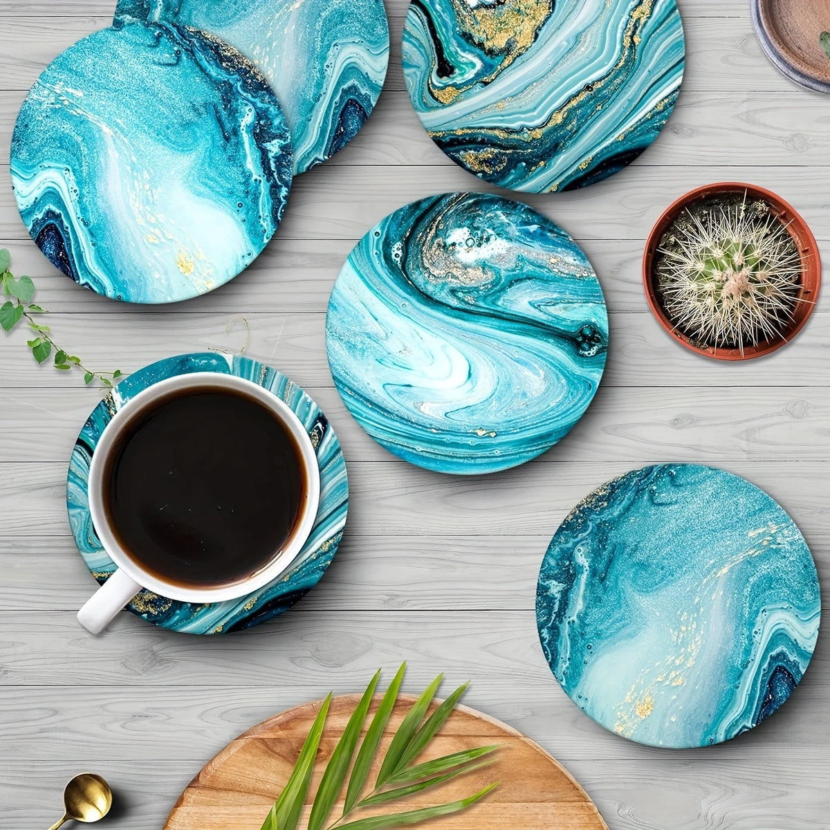 2D Flat 6pcs Blue Ocean Round Wooden Coasters & Placemats Set - Home, Cafe, Party Table Decor, Durable Drink Coasters For Home