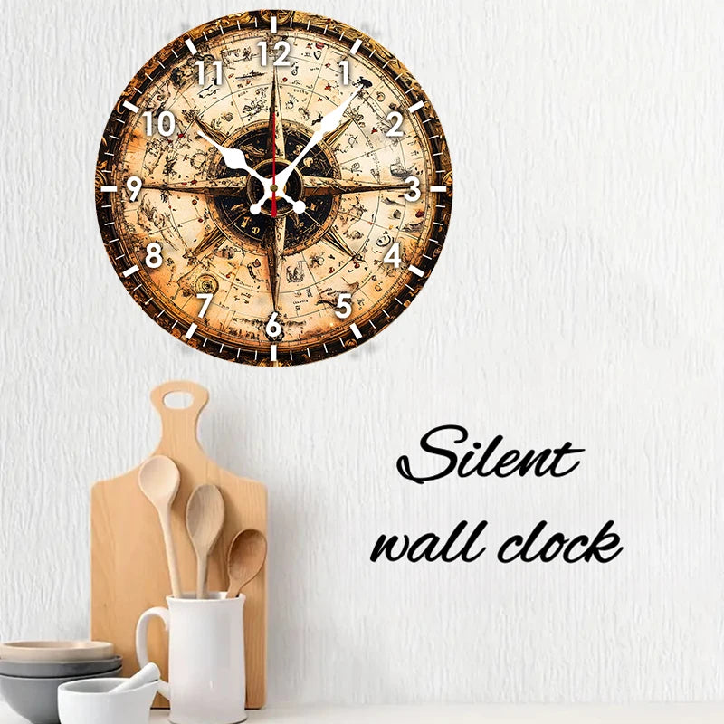 Ocean Themed Compass Wooden Round Silent Hanging Wall Clock,Suitable For Living Room,Office,Study Room, Bedroom, Home Decoration