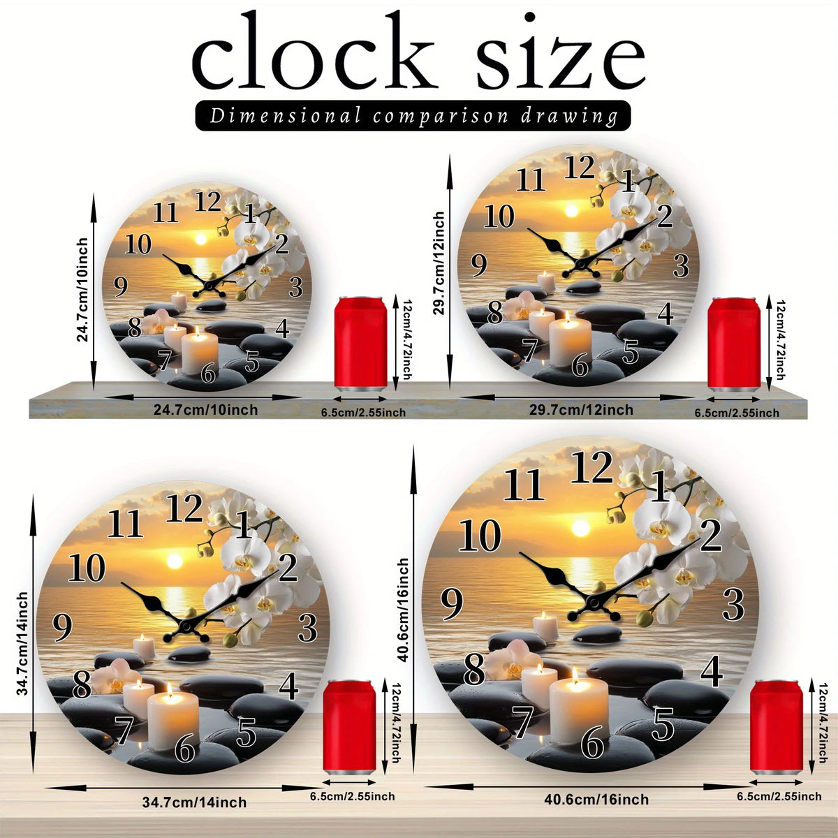 [Modern Wooden Wall Clock] Modern Tranquil Sunset Orchid Candle Pattern Wooden Wall Clock | Silent Clock with Ocean Stone Background Design - Living Room, Bedroom, Kitchen, Office, Garden Home Decor, Ideal Christmas, New Year
