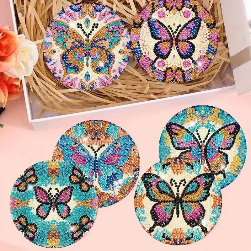 8 Pieces/Set Butterfly Pattern Diamond Painted Coaster Set Sparkling Rhinestone Heat-Resistant Beverage Mat with Holder DIY Coas