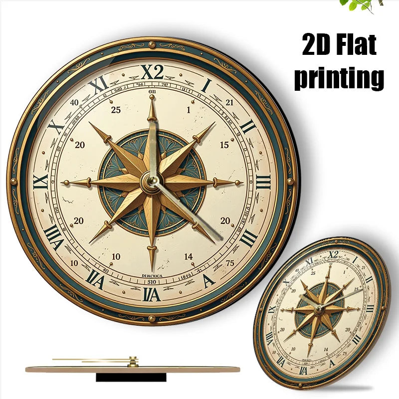 Wooden Nautical Compass Wall Clock - Silent Non-Ticking Round Ocean-Themed Clock with Compass, Suitable for Living Room, Bedroom, Office Decor, Housewarming Gift, Nautical Theme Decoration, 2D Flat