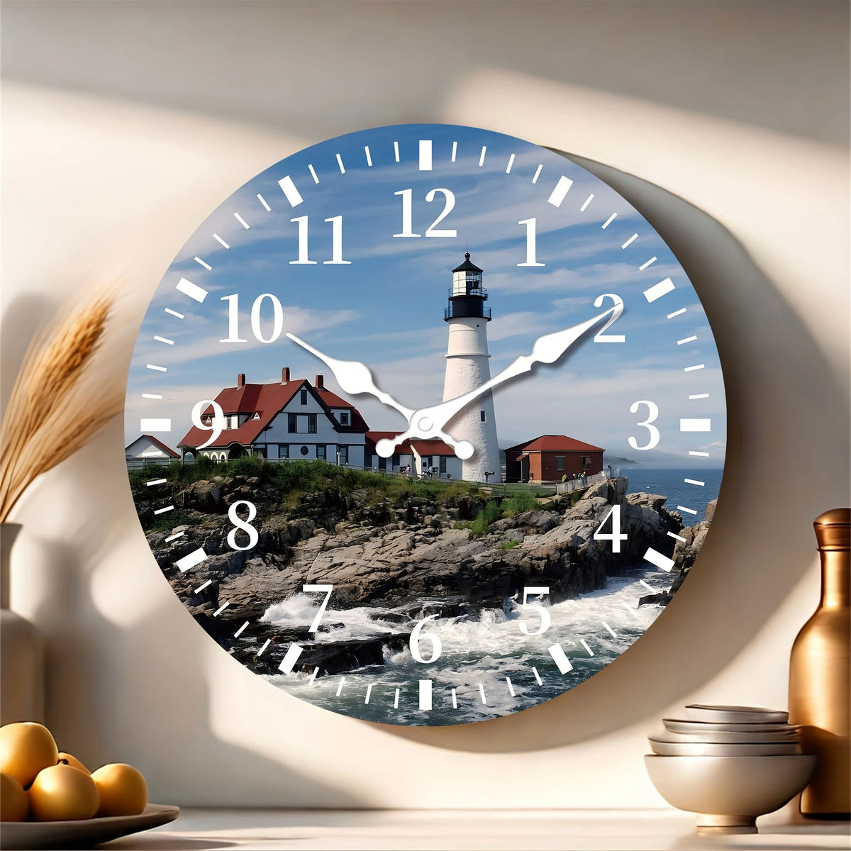 One Piece, 25.4-40.64 cm Modern Seaside Town Nautical Lighthouse Wooden Wall Clock - Silent Clock, Seaside Holiday Party Decoration Clock, Living Room, Kitchen, Bedroom Home Decoration, Courtyard Garden Outdoor Decoration, Pe