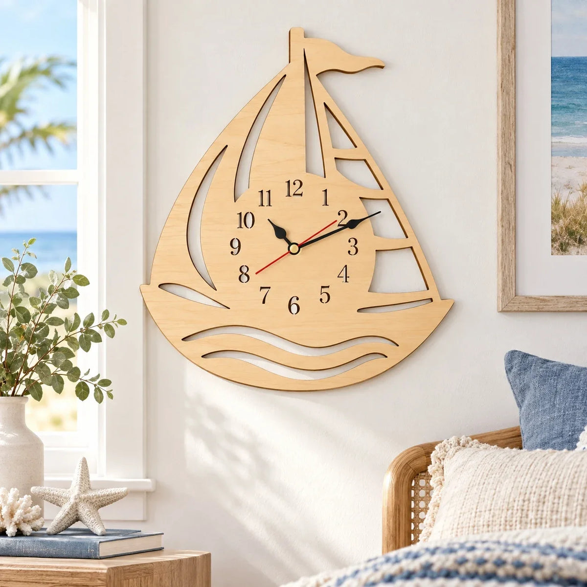 Wooden Sailboat Wall Clock, Nautical Coastal Home Decor, Beach House Wall Art, Ocean Theme Room Decor, Rustic Marine Clock