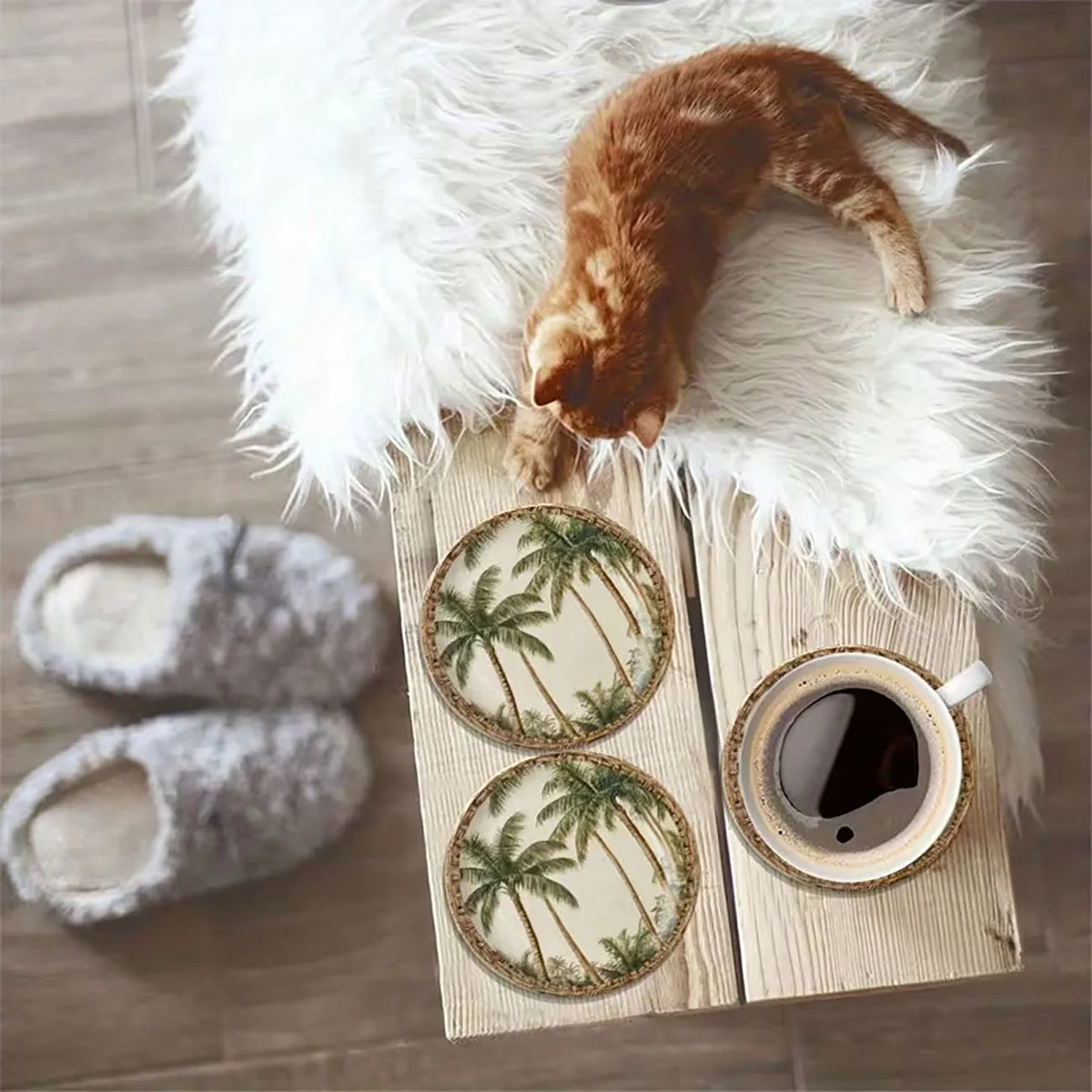 4Pcs Coastal Style Wooden Coasters, Tropical Palm Tree Coasters for Bar & Home Use