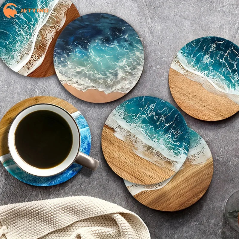 4/6Pcs Blue Ocean Round Wooden Coasters & Placemats Set Home Cafe Party Table Decor Durable Drink Coasters For Stylish Dining