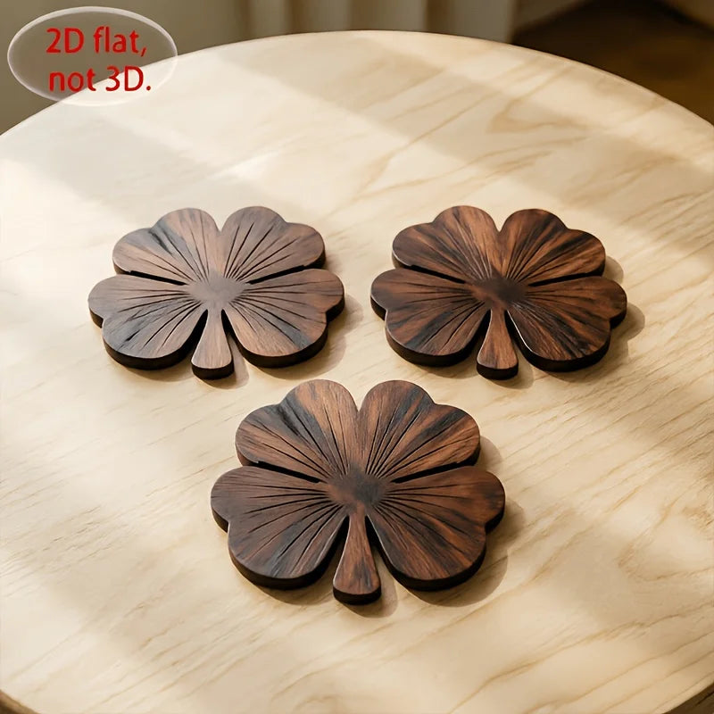 2D Flat Clover Wooden Coasters, 4pcs Walnut-Colored Coasters, Luxurious Desktop Protection Coaster Set for Coffee And Tea Cups