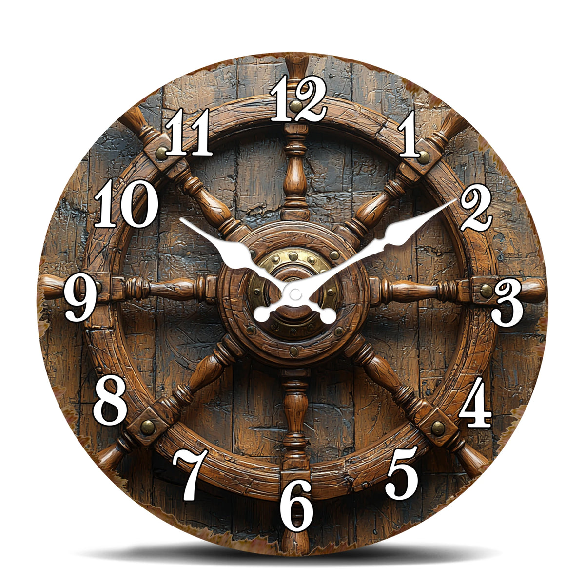Antique Wooden Ship Steering Wheel Wall Clock - Nautical Decor for Office, Study, or Coastal Themed Room - Silent Sweep