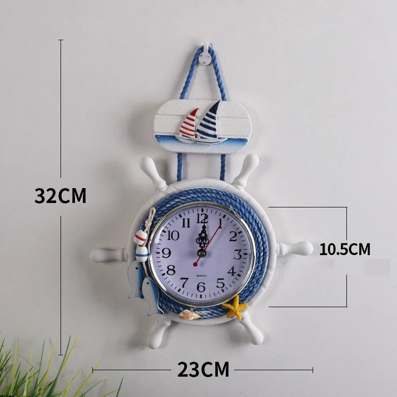 Mediterranean Retro Style Anchor Wall Clock Wooden Rudders Silent Hanging Clocks Coffee Bar Home Decorations