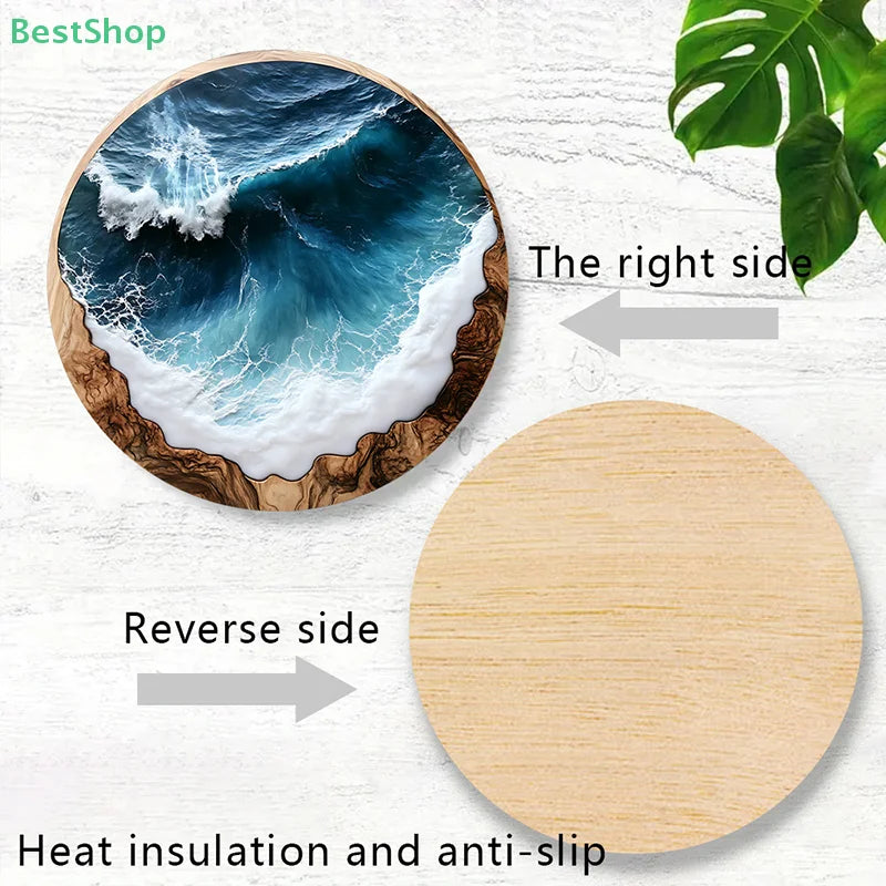 Blue Ocean Round Wooden Coasters & Placemats Set - Home, Cafe, Party Table Decor, Durable Drink Coasters For Stylish Dining