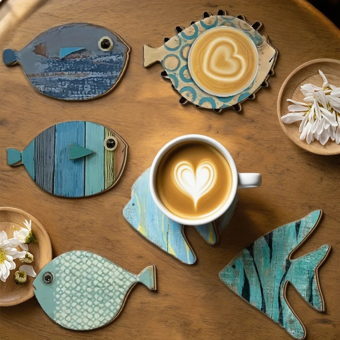 6pcs 2D Fish-Shaped Wooden Coasters Anti-skidding Heat-Resistant Beach-Themed Kitchen Decoration Maritime Style Coffee Shop Use
