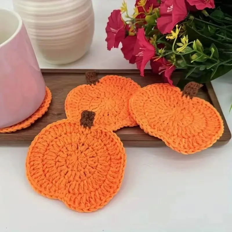 Halloween Crochet Pumpkin Coasters Autumn Thanksgiving Fabric Handmade Cup Mat Halloween Table Decor Fall Farmhouse Decoration