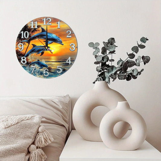 Wooden Wall Clock with a Dolphin - Sunset Pattern, Perfect for Home Decor. Runs on AA Batteries - Unique Finds Market LLC