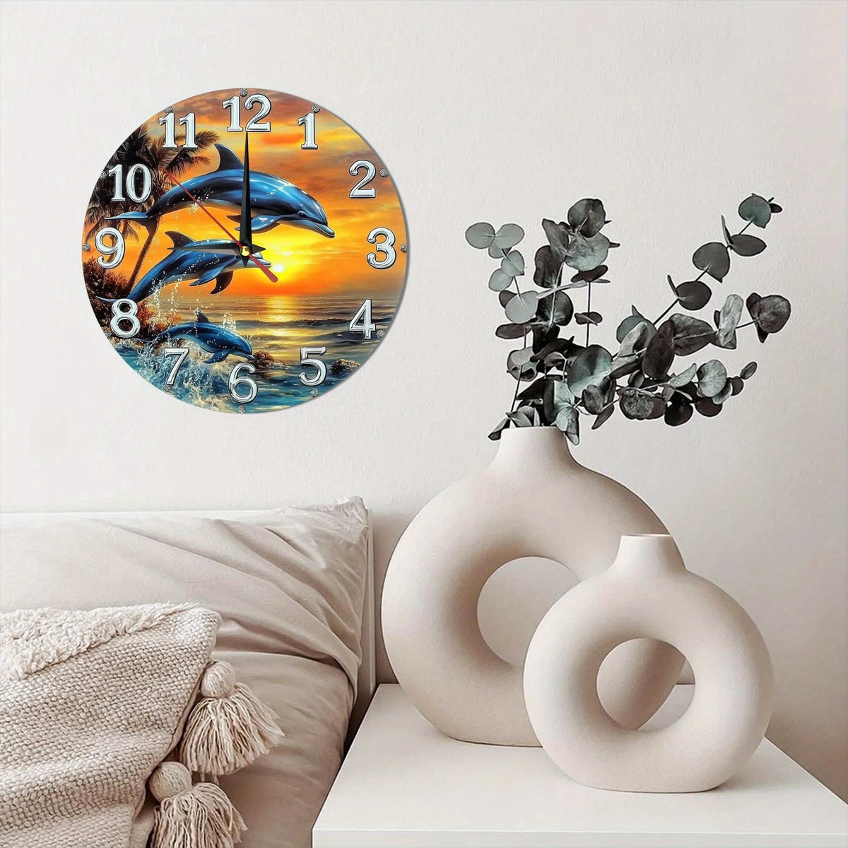 Wooden Wall Clock with a Dolphin - Sunset Pattern, Perfect for Home Decor. Runs on AA Batteries