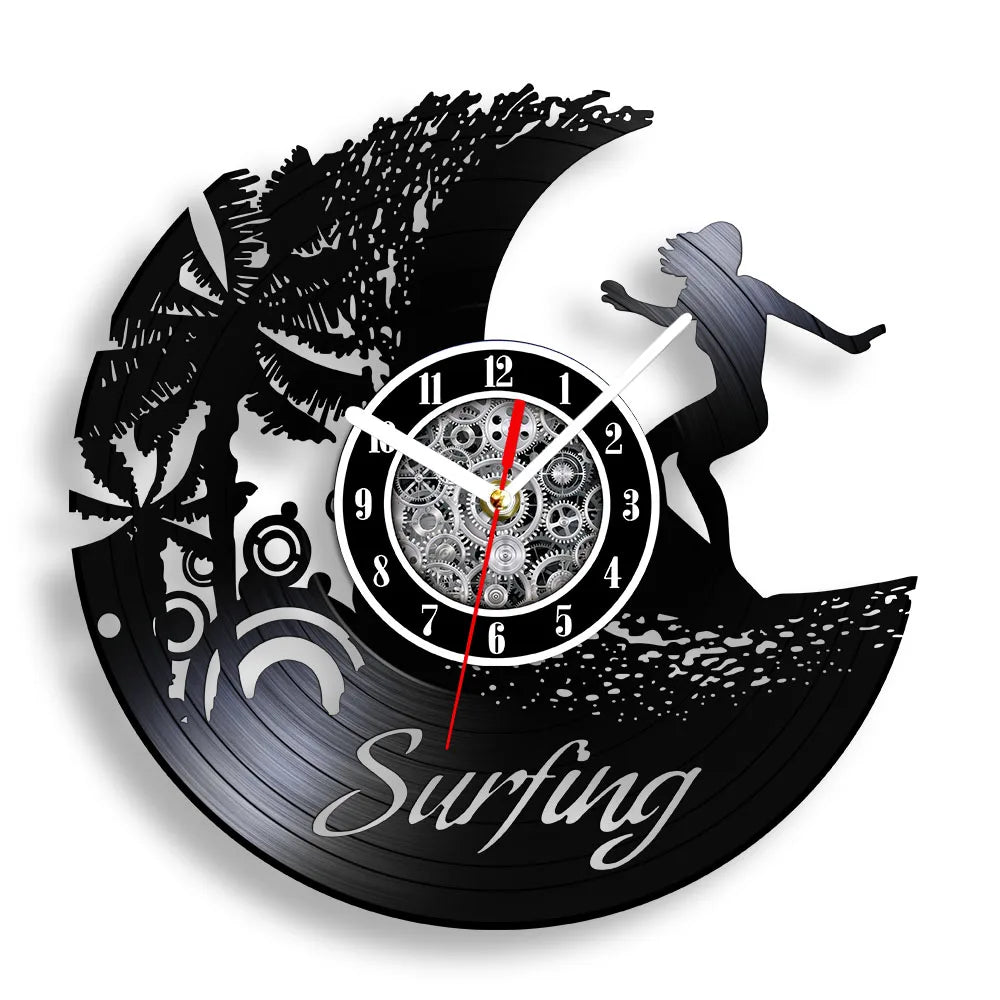 Water Sport Surfing Vinyl Record Wall Clock Sea Wave Coastal Landscape Wall Art Handicraft Carved Music Album Clock Surfer Gifts