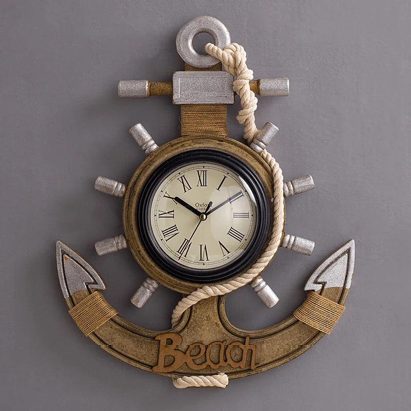 Mediterranean Style Wall Clock Retro Fiberboard Silent Anchor Wall Hanging Clock Watch Coffee Bar Home Clock Decoration